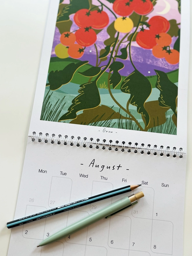 Inside page of the 2027 Calendar, Wall Calendar, Illustrated Calendar, Double Page Calendar, A4 Calendar, Nature Calendar, Art Calendar, Whispers Collection, Nature Inspired, Mindful Living, Slow Living, Nature Lover Gift, Outdoor Lover Gift, Recycled Paper, Eco Friendly Gift, Sustainable Stationery, UK Made, Illustrated Stationery, Onneke Studio
