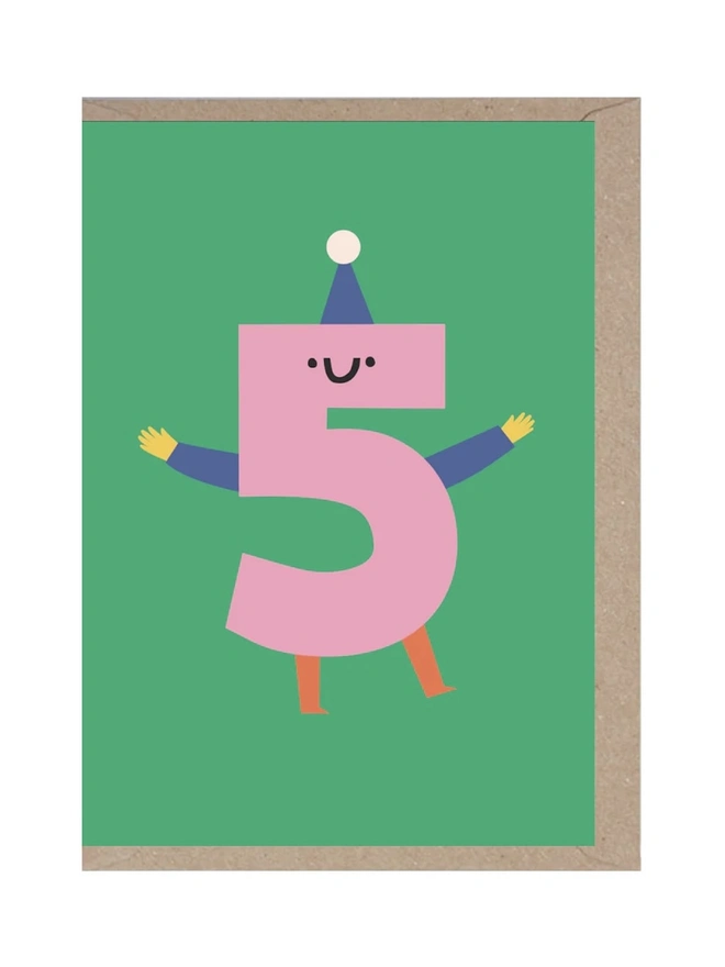 5th Birthday Card, against a white background with its brown envelope. 