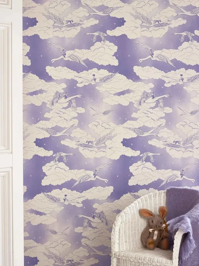 Hevensent Flying Swans in Lavender Fluffy Clouds Wallpaper V1 Holly & Co 
