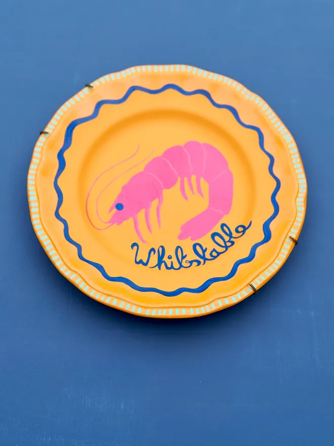 Personalised Yellow Seaside Wall Plate with a hand-drawn Prawn