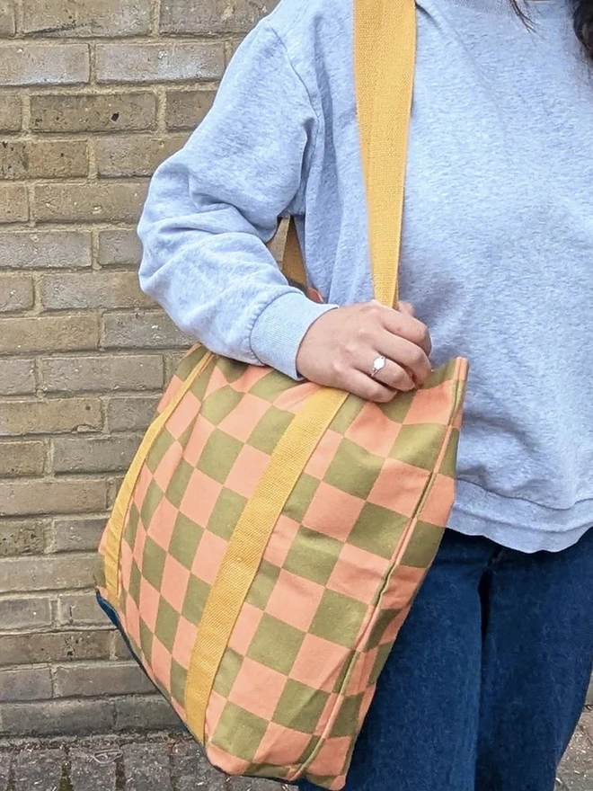 Tote Cotton Shopper Bag, a woman holding a colourful patterned tote bag over her shoulder. 