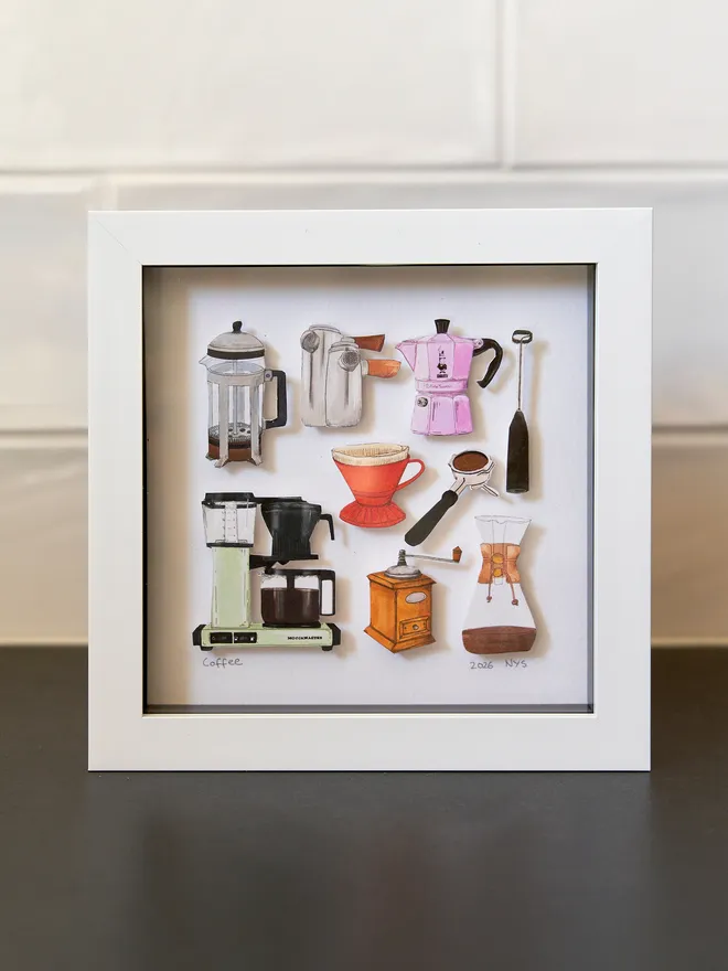 Illustrated 3D paper collage featuring a collection of hand-cut coffee illustration