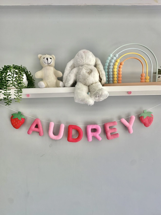 Personalised Name Garland with Strawberries, Playroom Decoration, Kids Bunting, Name Banner,, child’s Room