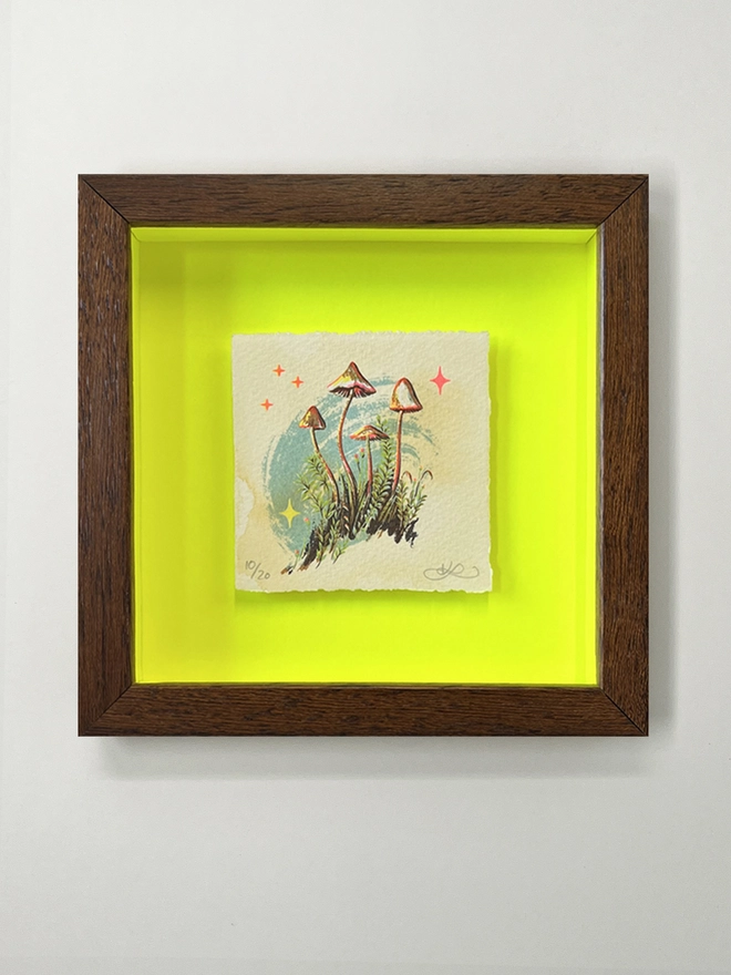 Framed Mosscaps Miniature screenprint artwork by London based artist Kath Leone