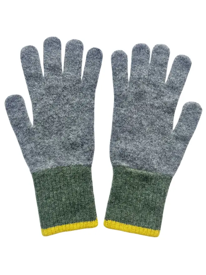 Block Lambswool Gloves, a pair of colourful gloves sitting on a plain white surface. 
