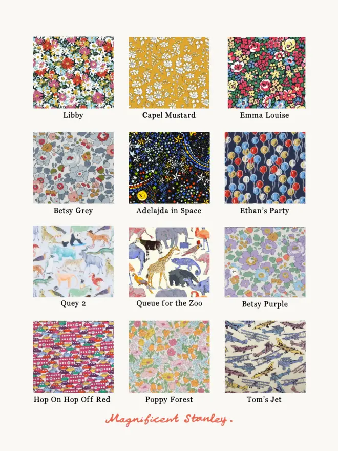the choice of 12 Liberty Print swatches including floral prints, zoo animals, cars and planes