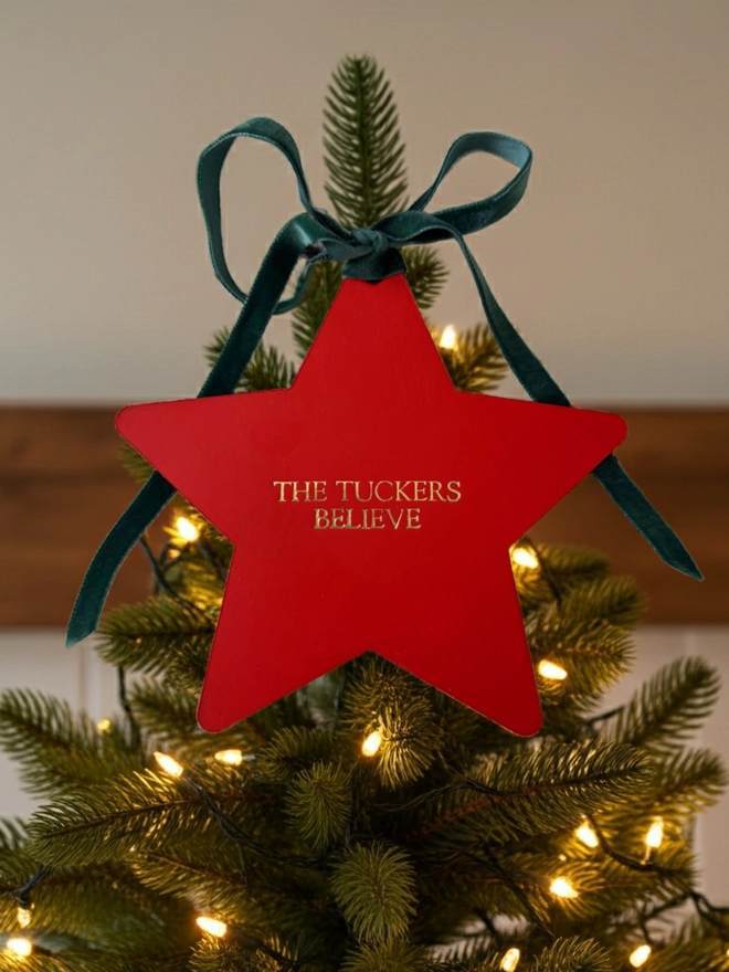 Gold foiled red leather tree topper