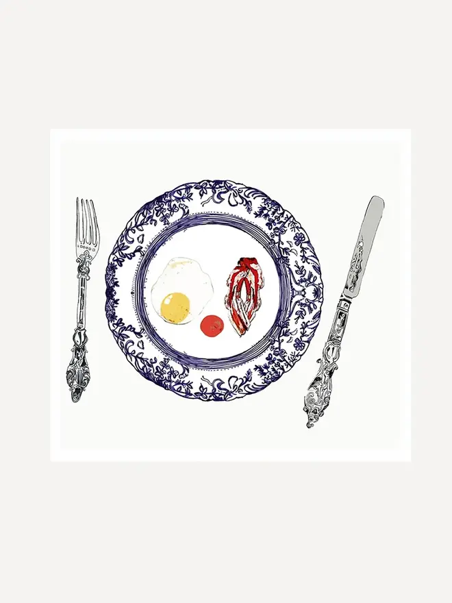 english breakfast plate signed print. a print of a painting of a plate, knife and fork with fried egg and bacon.