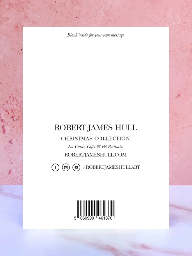 The reverse of the card, which reads 'blank inside for your own message' as well as 'Robert James Hull', and a message saying 'Warning: This product is not a toy. Not suitable for children under 3 years due to small parts and/or sharp points which may constitute a choking hazard and/or risk of laceration.'.