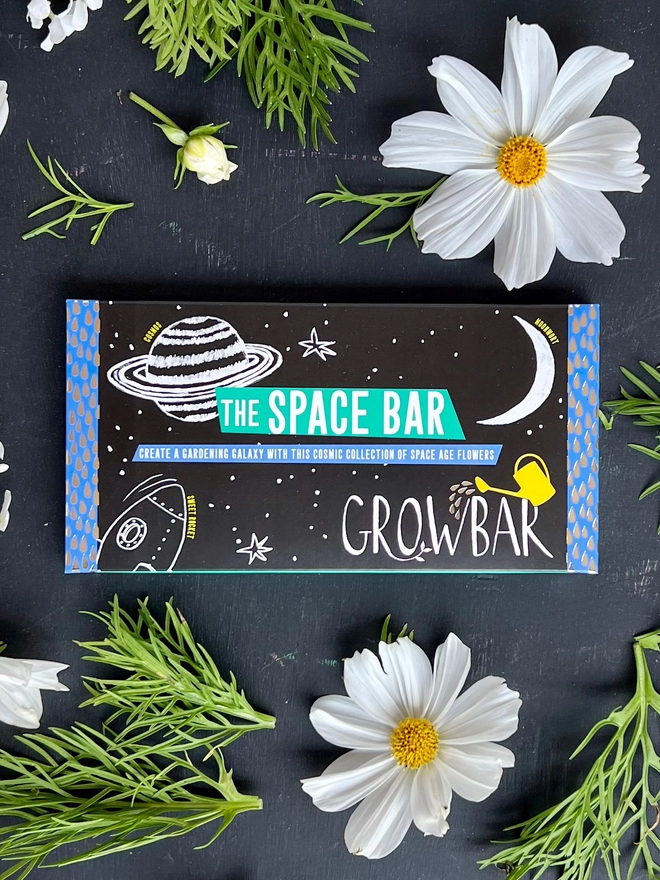 The Kids' Space Growbar on a table surrounded by white cosmos, moonwort and sweet rocket.