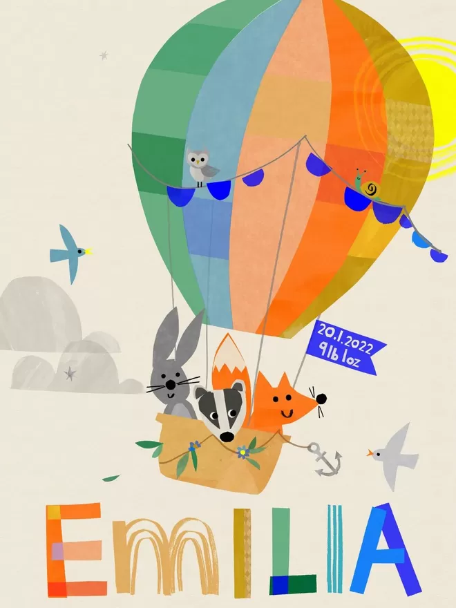 Personalised Balloon Print With Woodland Animals