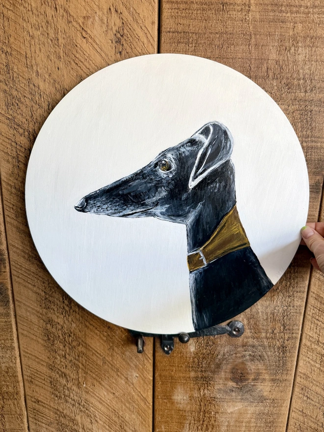 Large Hand-Painted Greyhound Picture painted onto a wooden circular background dog art