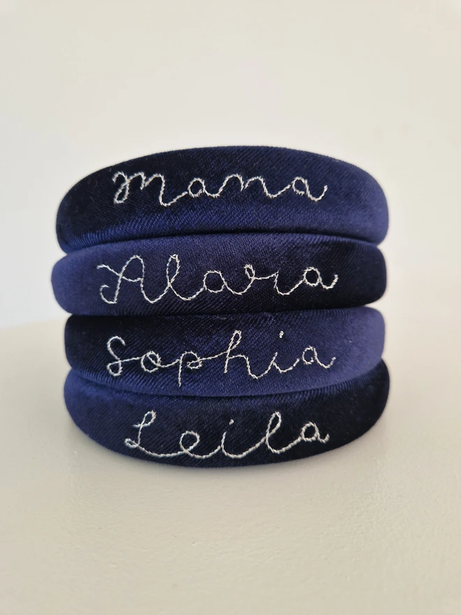 navy velvet personalised headbands