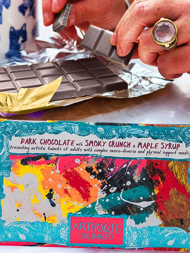 Charity dark chocolate with  smoky crunch & maple syrup packaged in foiled card & abstract painting 