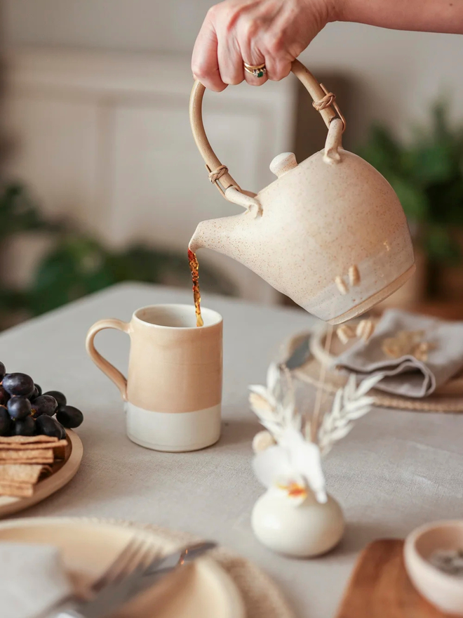 oatmeal cane handle stoneware teapot