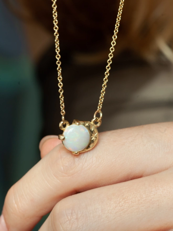 Crescent Moon Cutout Opal Pendant Necklace - Fame Accessories