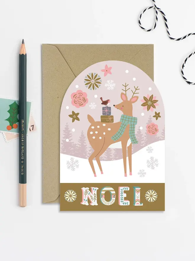 'Noel' Snow Globe Deer Christmas Card
