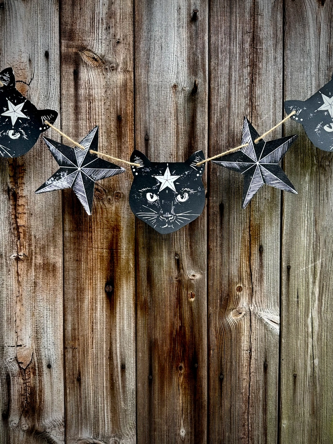 Black Cat & Stars Garland.7 Hand Printed components in black ink.