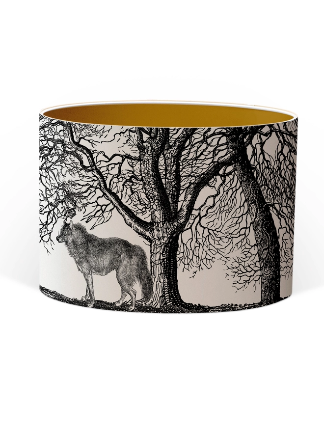 Handmade drum lampshade featuring a whimsical Little Red Riding Hood inspired design with a red cape, big bad wolf, and dark woodland scene.