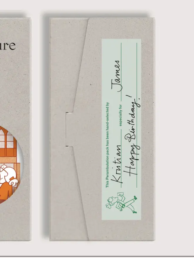 Perambulations wallet, back with handwritten note