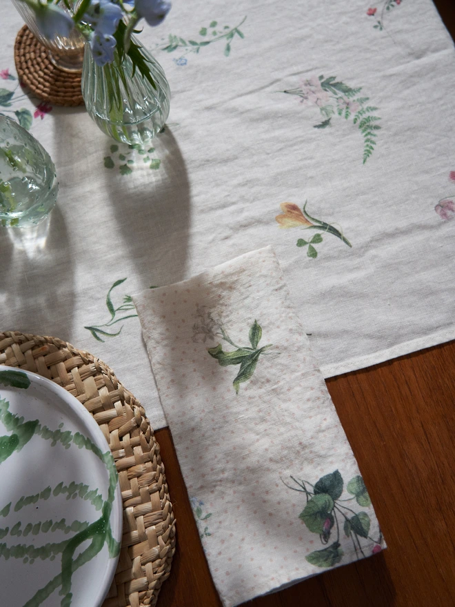 Table linen printed with spring florals