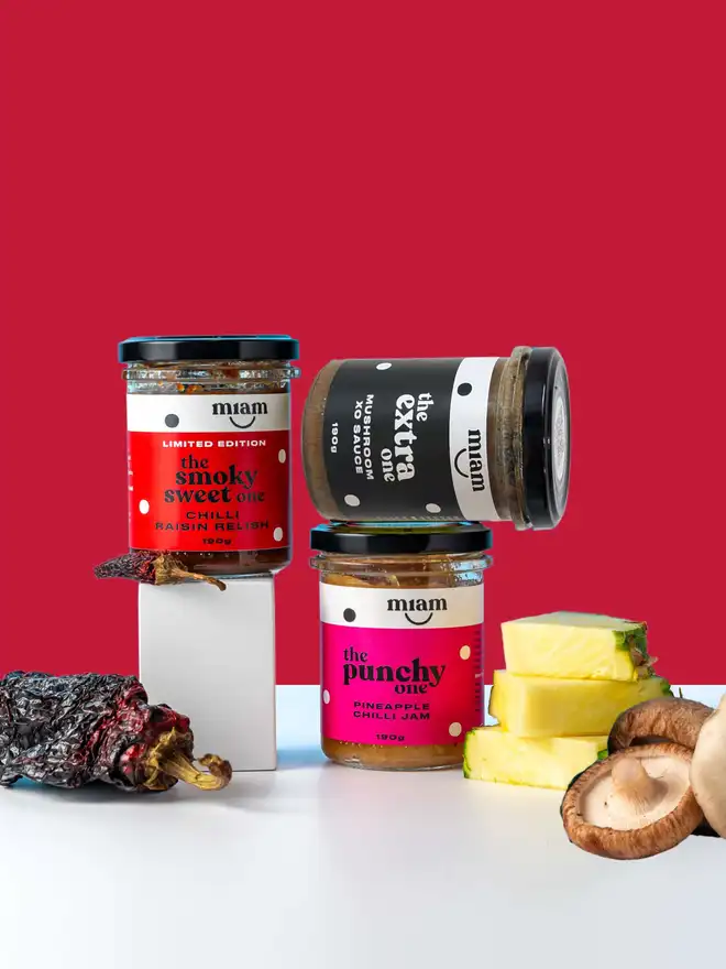 Trio of jar flavours on a red background