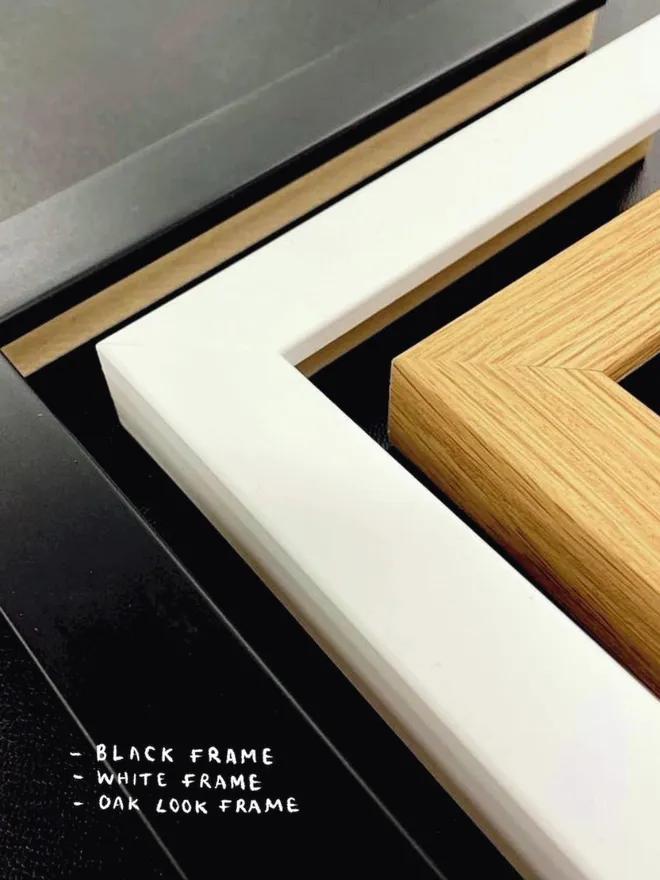 Frame options including black, white and beige wood