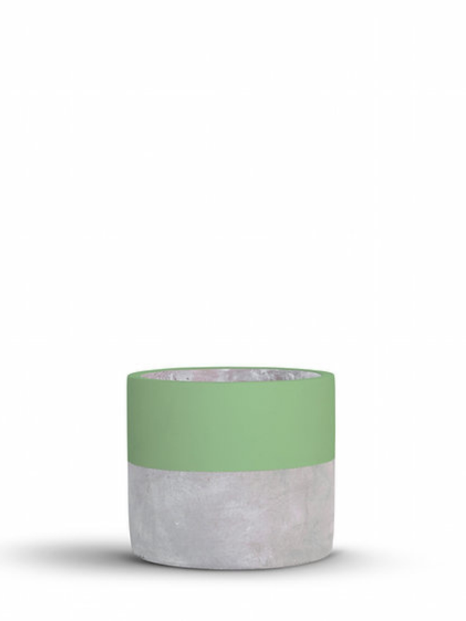lucky dip concrete plant pot. a grey concrete plant pot with a green stripe around the top half.