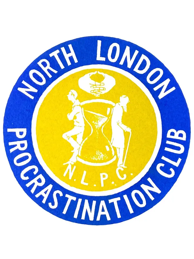 'North London Procrastination Club' Blue and Yellow Screen Print on a white background. 