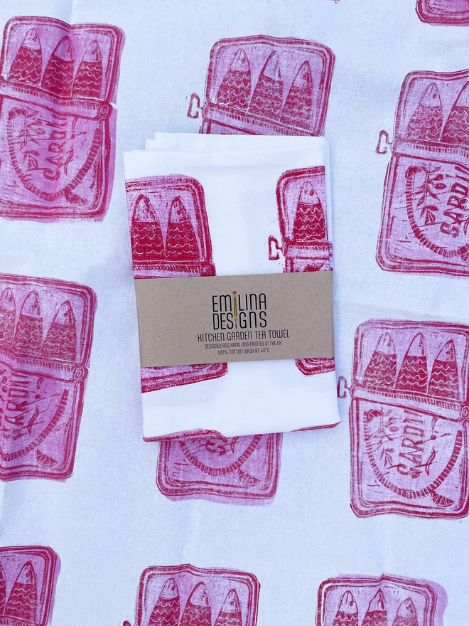 Pop of pink and red Sardine tea towel 