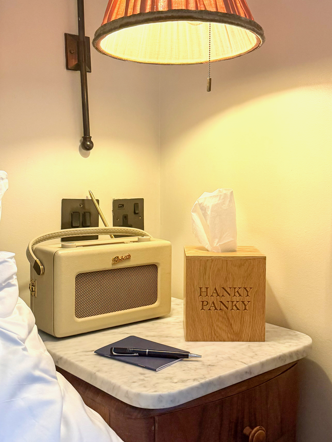Hanky Panky tissue box on bedside table