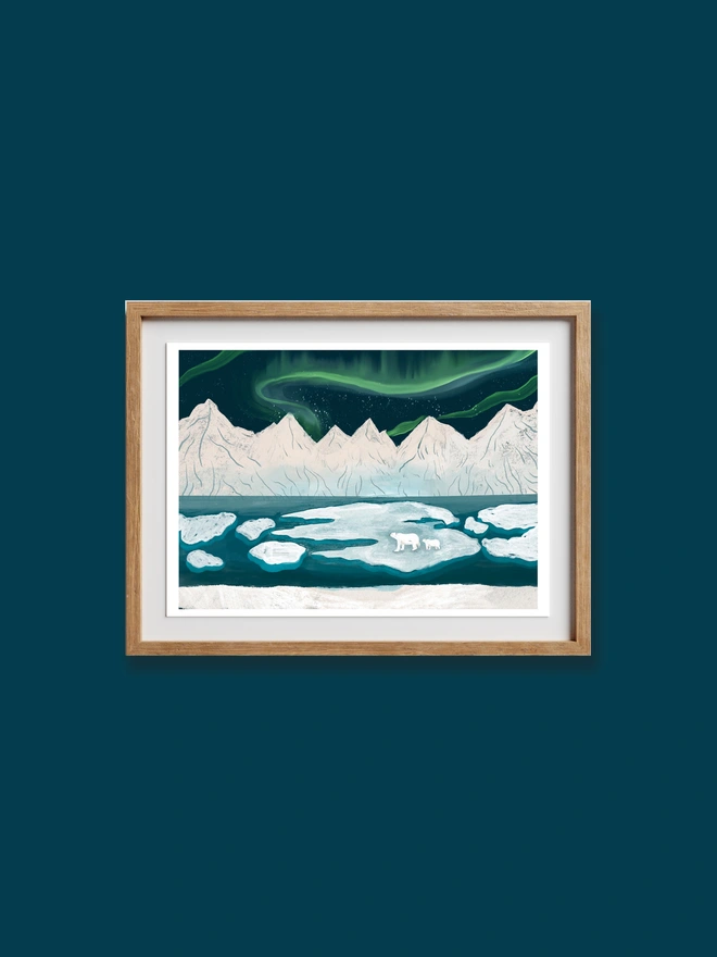 Print of two polar bears standing on an iceberg under the northern lights 