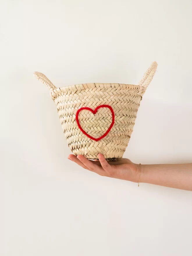 LoLA small basket with embroidered heart beautiful storage for the home