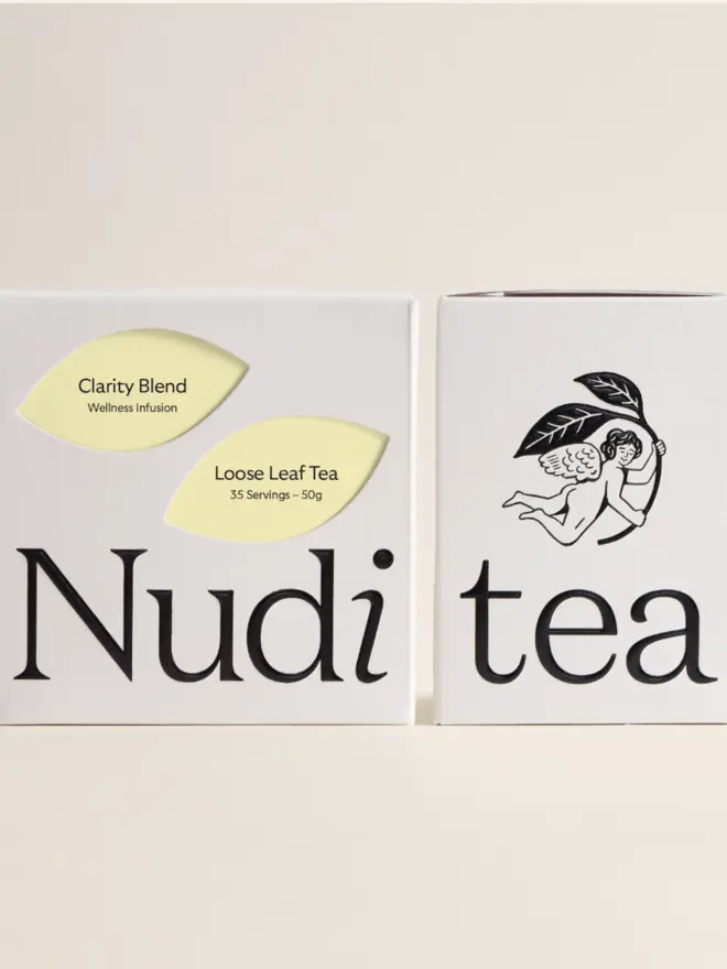 white box of clarity blend tea with yellow leaf design