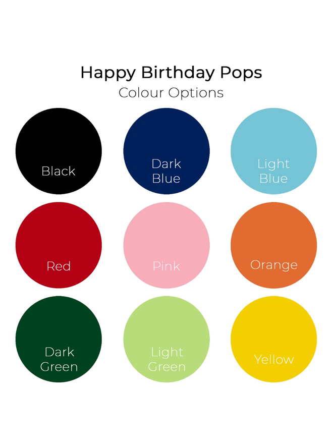 Happy Birthday Cake Pops colour option grid. 