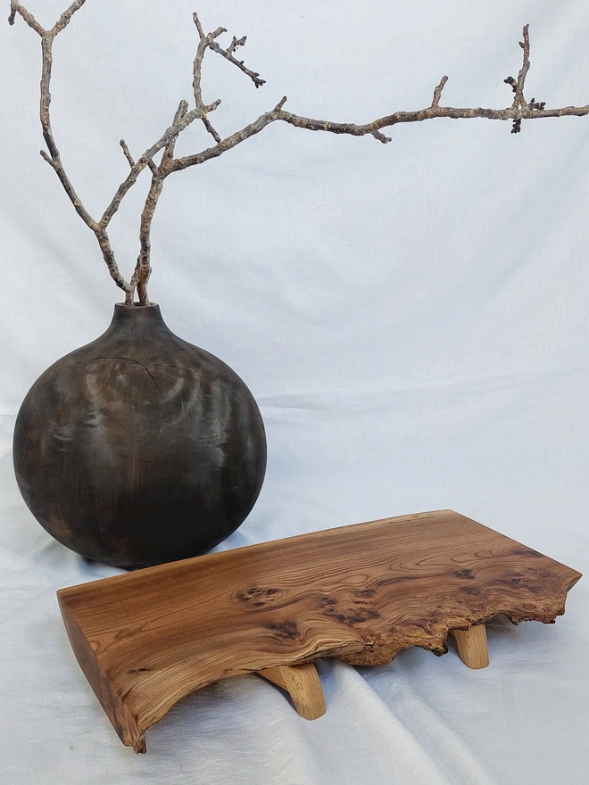 Live-Edge Elm Serving Board with Retro Birchwood Legs