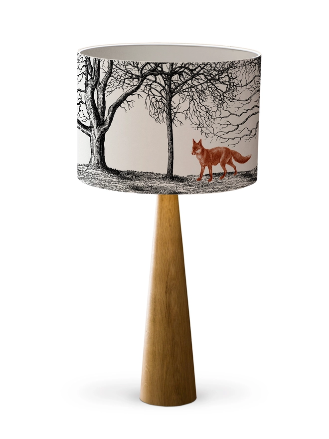 Handmade fox lampshade inspired by woodland walks and British countryside cottage style.