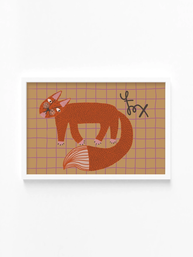 A mock up of a fox illustration wall art print designed for a kids room with a woodland theme. Orange fox on a arm background with a grid like design.