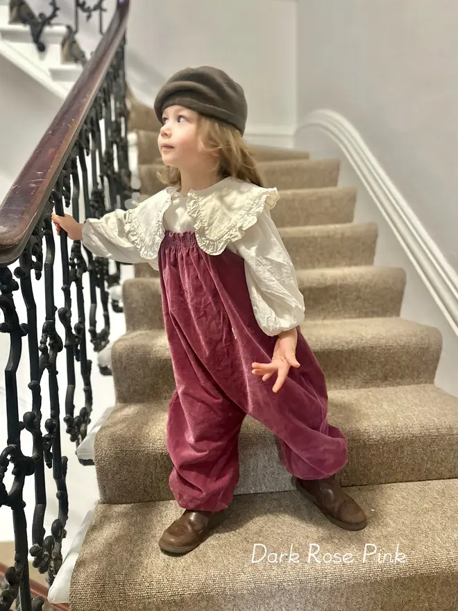 kids velvet dungarees dark rose pink