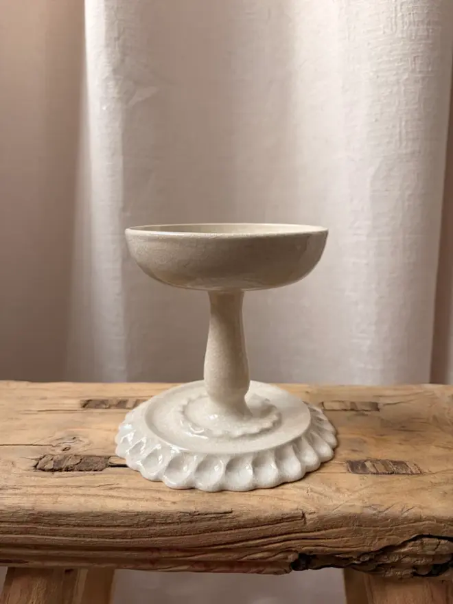 Empty Pillar Candle Holder on wooden stool