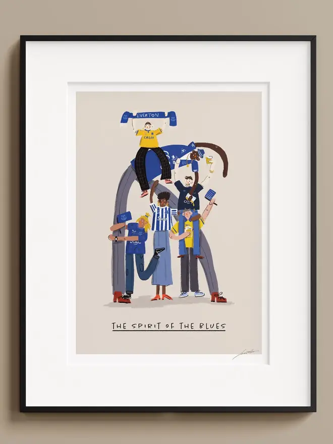 illustrated football team fan print. an illustrated image of football fans in everton merchandise with a team quote.
