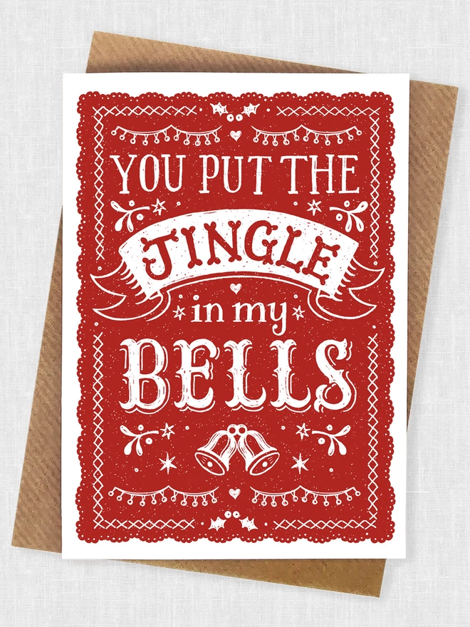 red and white hand lettered you put the jingle in my bells christmas card