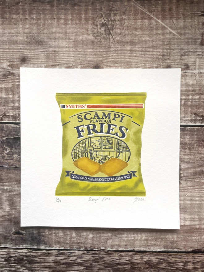 Illustration of a Scampi Fries bag of snacks