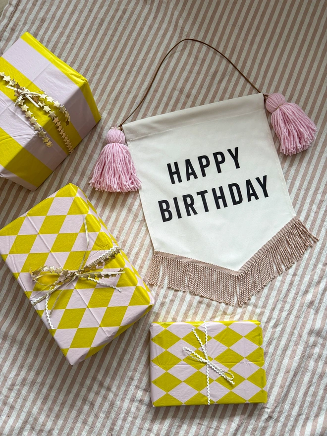 Small and large Handmade fabric Happy Birthday Banner with a choice of coloured tassels and trim