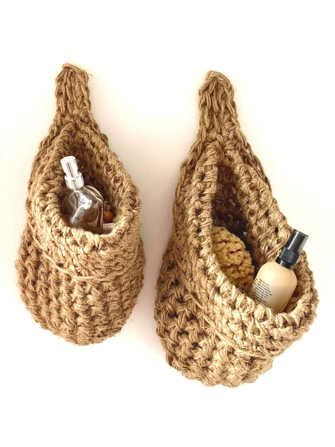 Small and Large Natural Jute Hanging Storage Basket, handmade sustainable crochet decor, rustic natural organic homeware accessories , brown strong jute storage solution, kitchen bathroom bedroom hanging storage bag