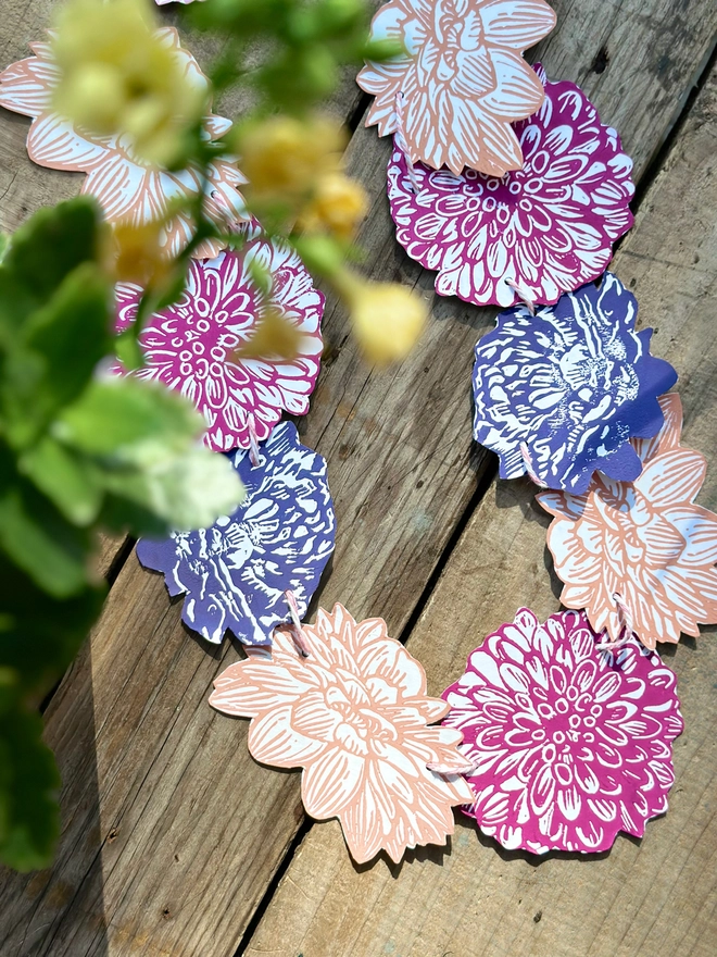 'Power Flower' Garland Hand Printed Linocut Spring Decor