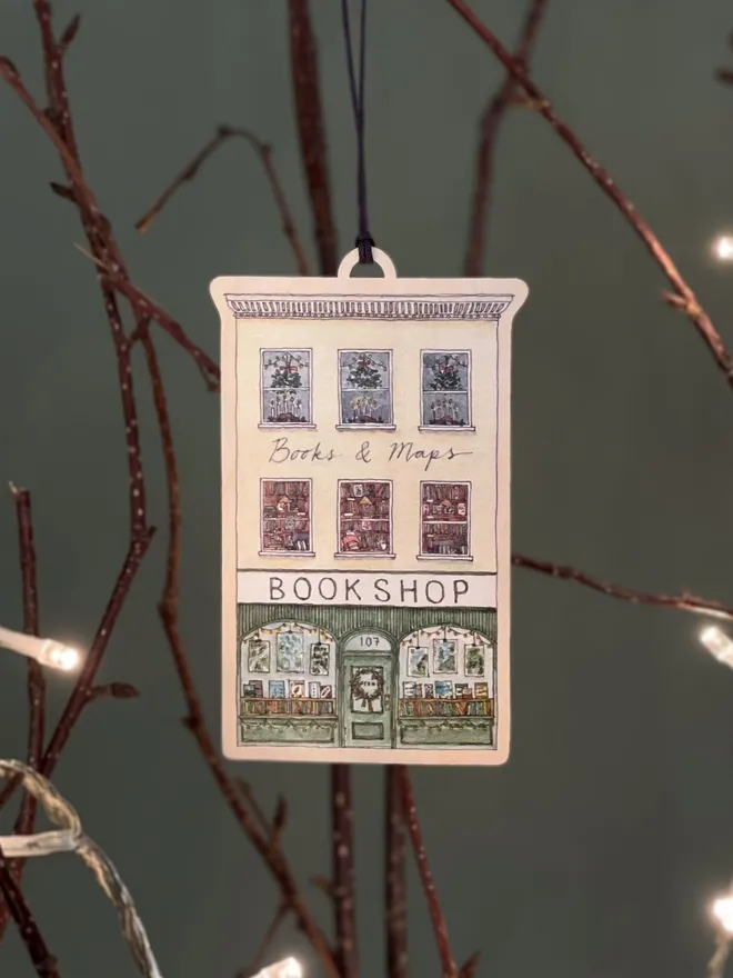 Bookshop Shopfront Wooden Christmas Hanging Decoration