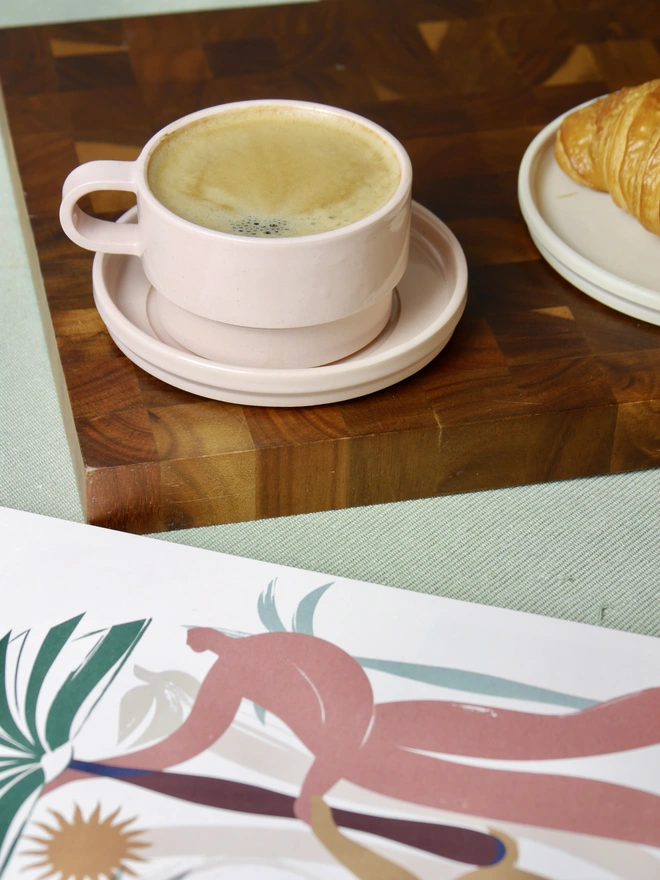 Ceramic Mug And Saucer Coffee Set in blush pink