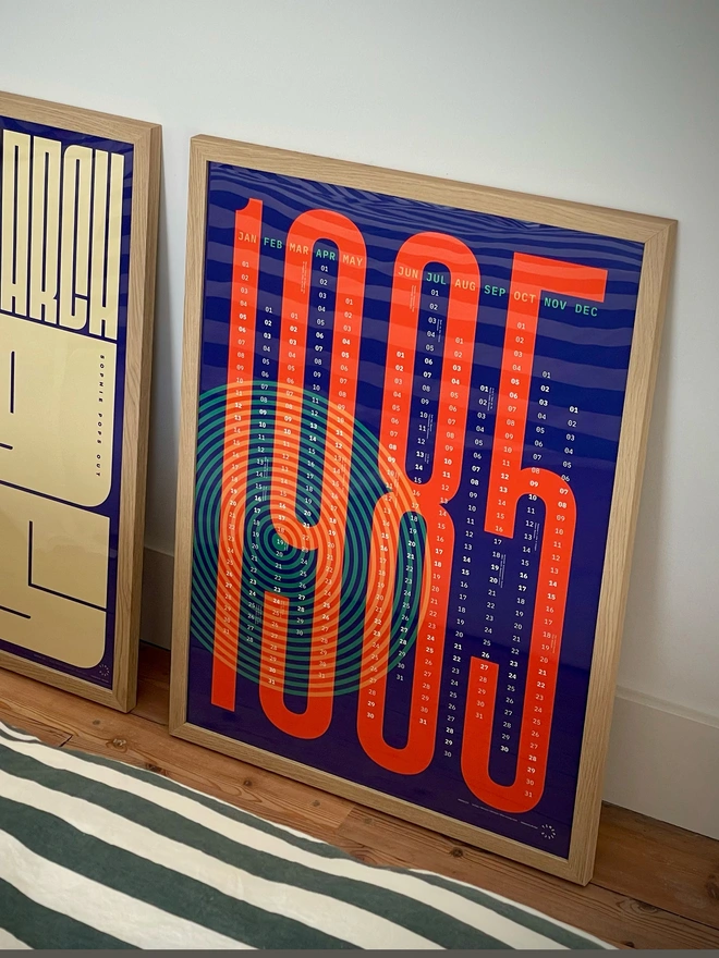 Two custom date posters Vertigo Personalised Date poster on the right, leaning agains the wall