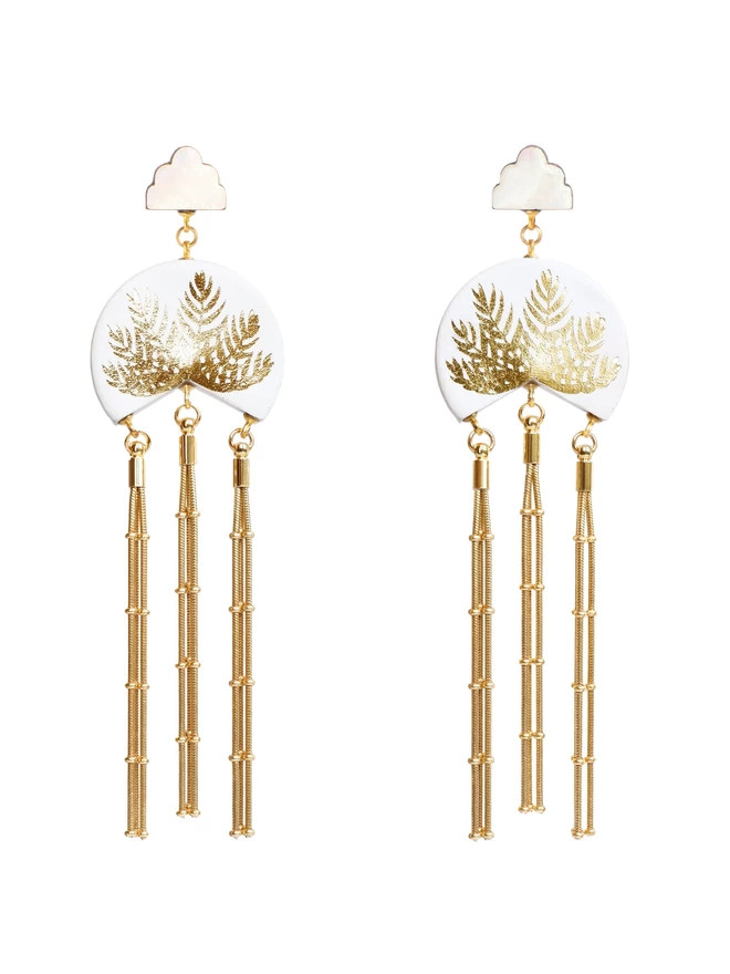 Macao gold palm tree print tassel earrings Areca (L) White
